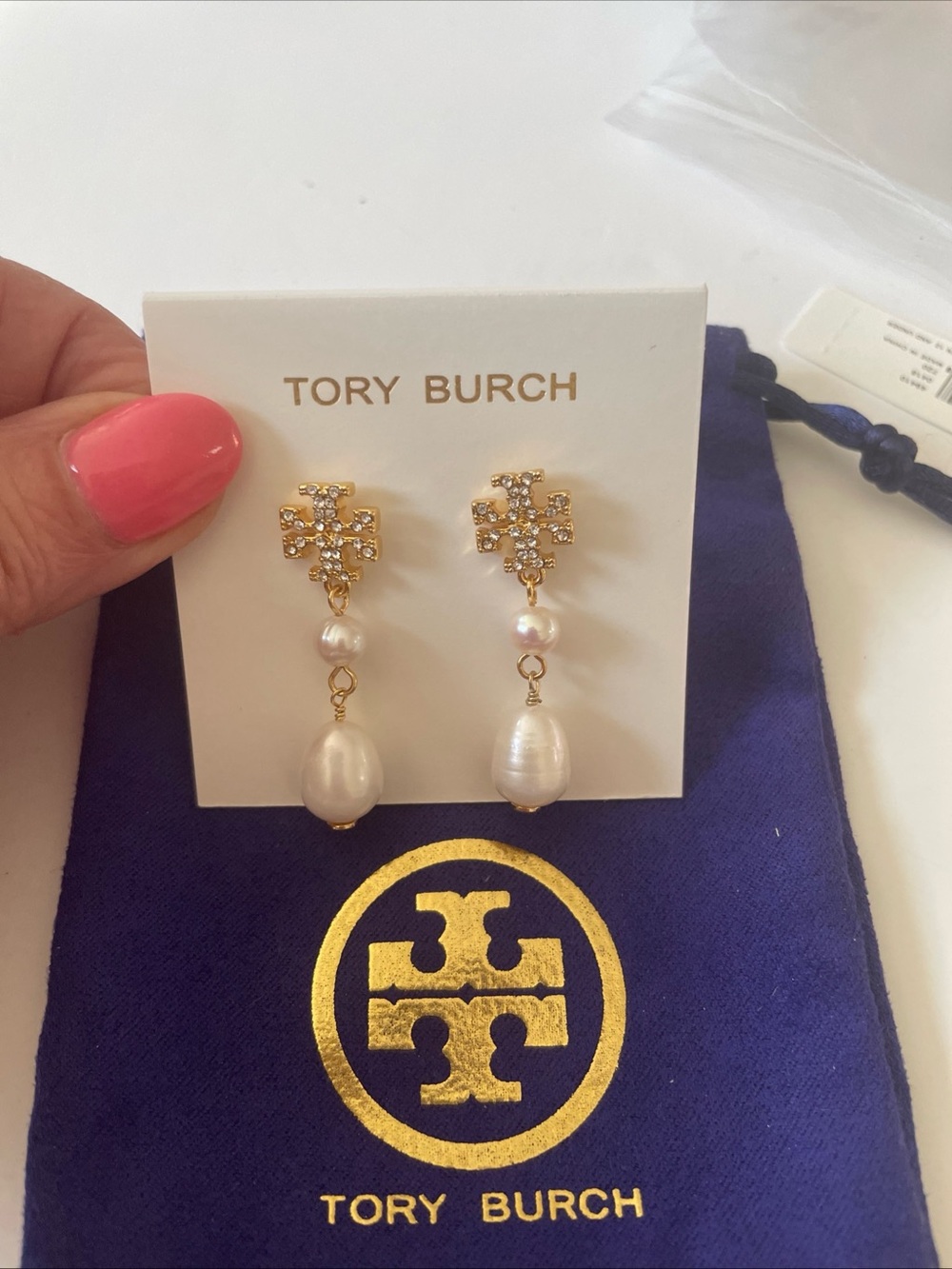 Tory Burch Gold Logo Drop Earrings with White Pearls